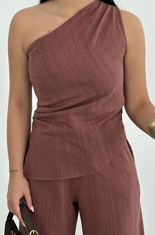 Keten Asimetrik Tek Omuzlu Bluz Pantalon Takım- Bordo
