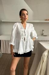 Keten Bluz Önden Bağlamali Firfir Detayli