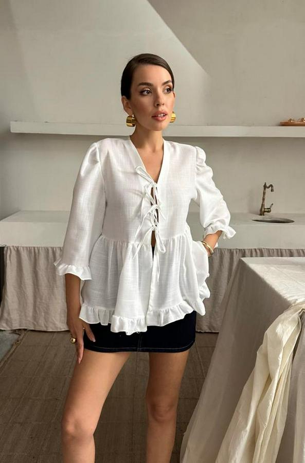 Keten Bluz Önden Bağlamali Firfir Detayli