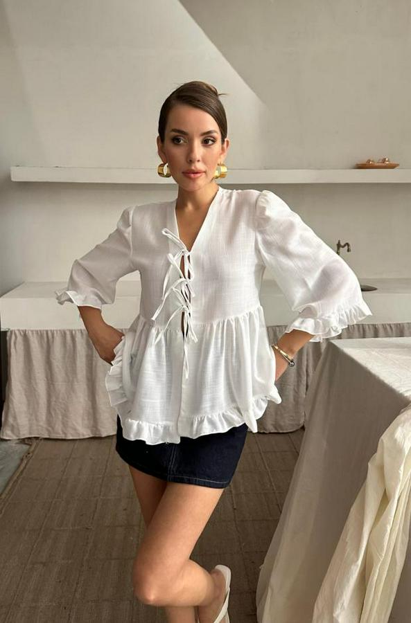 Keten Bluz Önden Bağlamali Firfir Detayli