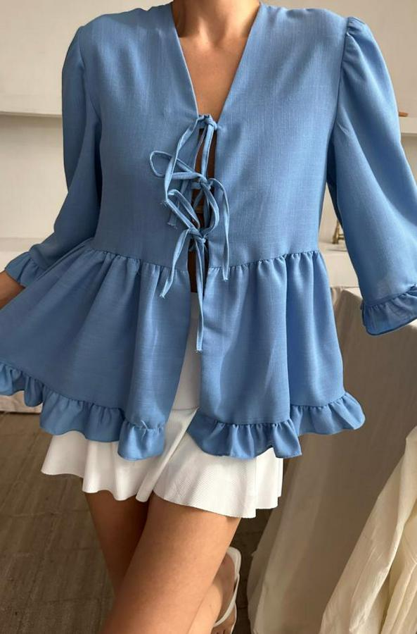 Keten Bluz Önden Bağlamali Firfir Detayli