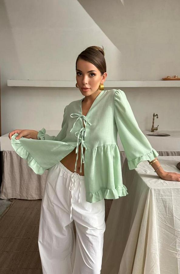 Keten Bluz Önden Bağlamali Firfir Detayli