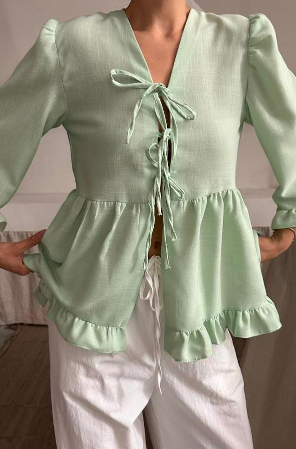 Keten Bluz Önden Bağlamali Firfir Detayli