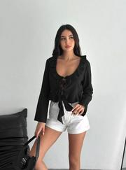 Keten Uzun Kol Bağacık Detaylı Bluz