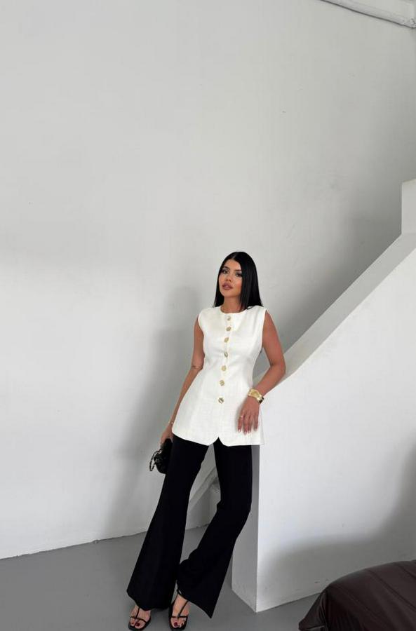 Keten Yelek Belden Oturtmalisirali Düğme Detayli