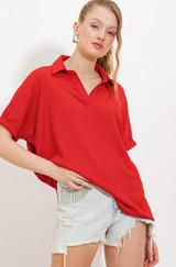 Kırmızı Oversize Polo Yaka Örme Bluz 0486