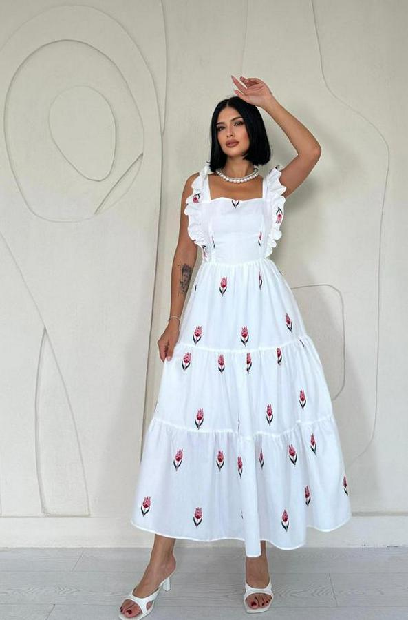 Kırmızı Sıfır Kol Fırfırlı Elbise