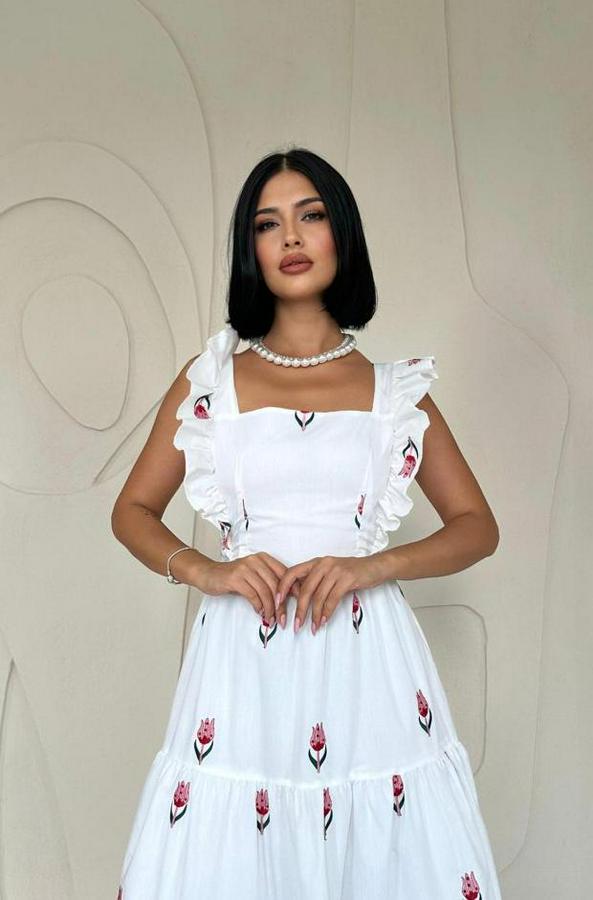 Kırmızı Sıfır Kol Fırfırlı Elbise