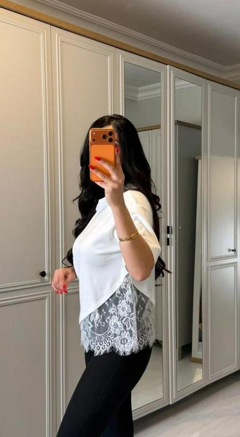 Kısa Kollu Bısıklet Yakalı Dantel Detaylı Vıskon Ikı Iplık Bluz