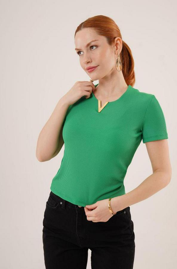 Kısa Kollu Yaka Detaylı Kaşkorse Yeşil Bluz