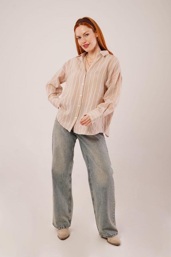 Kol Düğmeli Çizgili Bej Gömlek