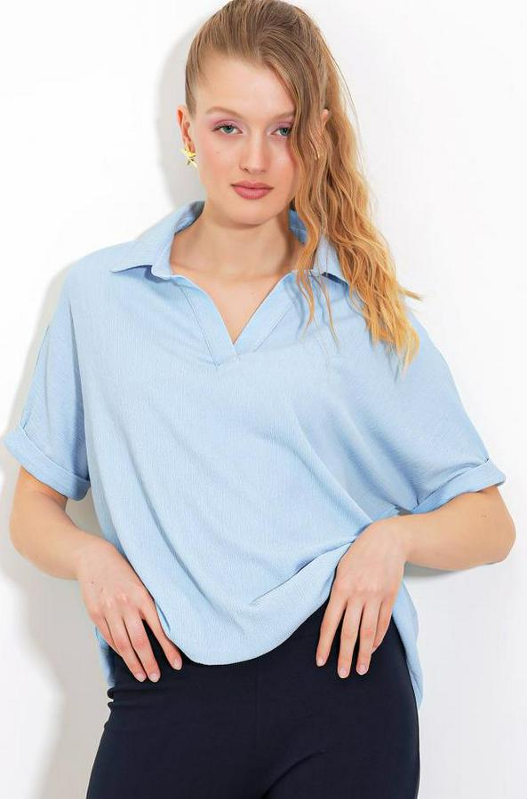 Mavi Oversize Polo Yaka Örme Bluz 0486