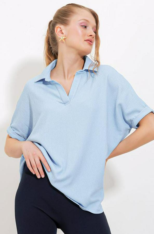Mavi Oversize Polo Yaka Örme Bluz 0486