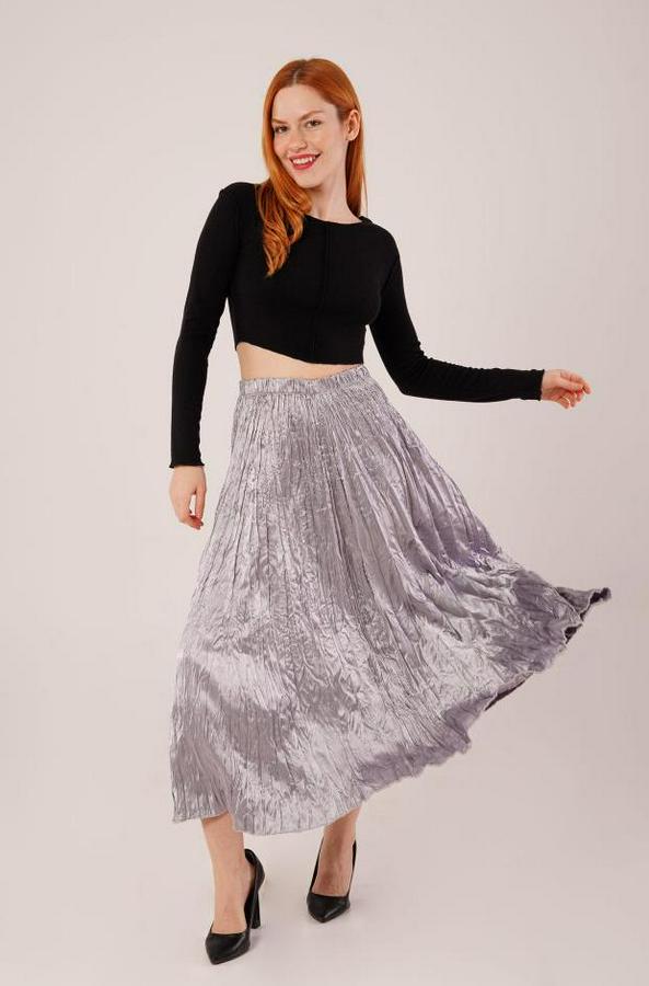 Midi Boy Pileli Saten Gri Etek