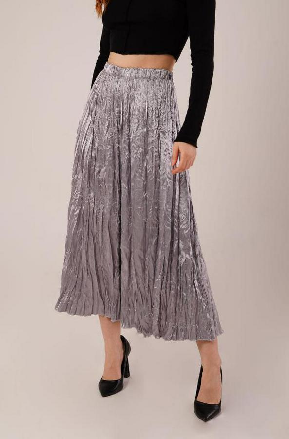 Midi Boy Pileli Saten Gri Etek