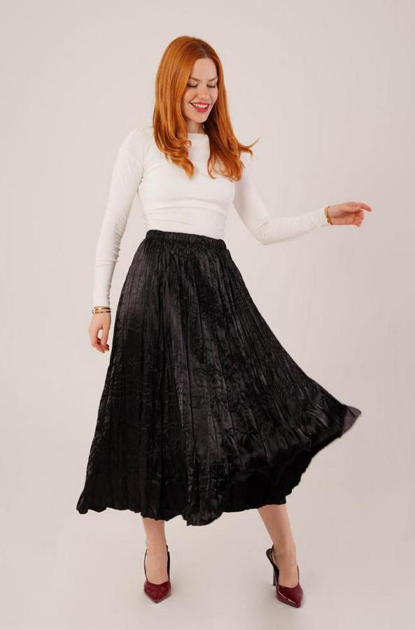 Midi Boy Pileli Saten Siyah Etek