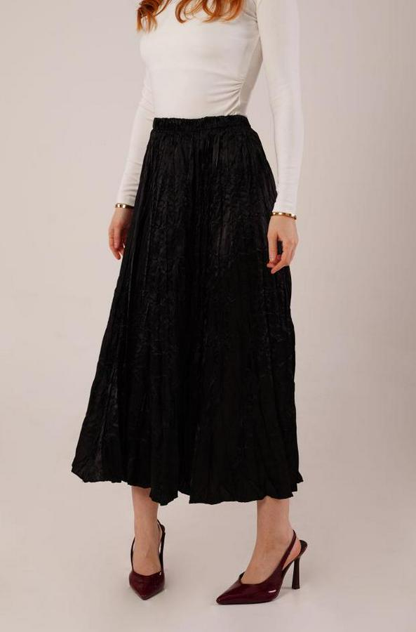 Midi Boy Pileli Saten Siyah Etek