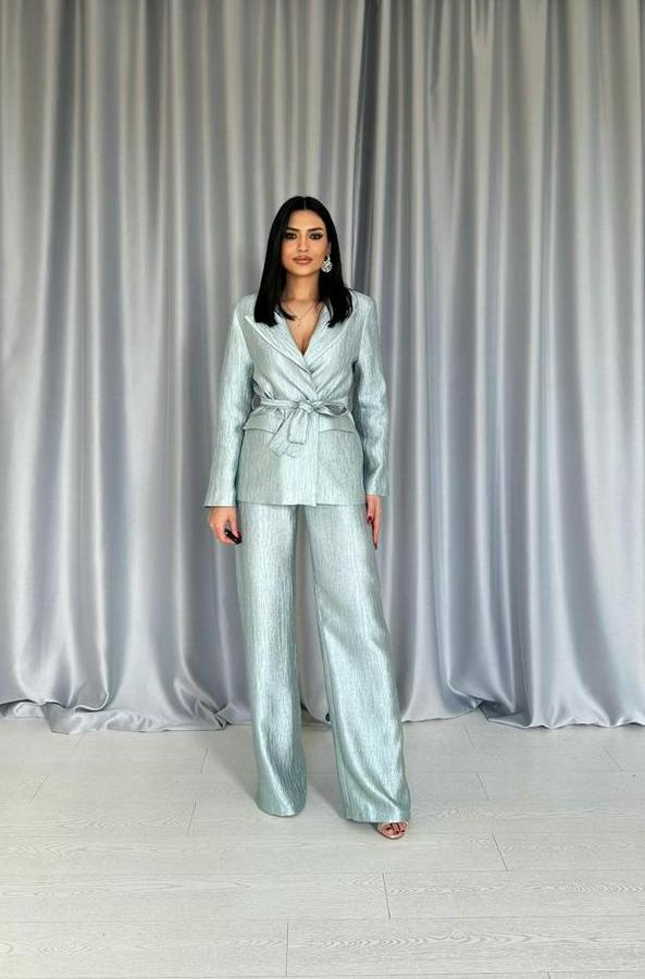 Mint Beli Kuşaklı Ceket Ve Pantolon Parlak Takım