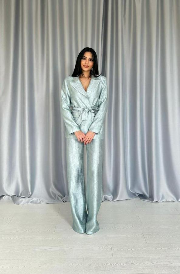 Mint Beli Kuşaklı Ceket Ve Pantolon Parlak Takım