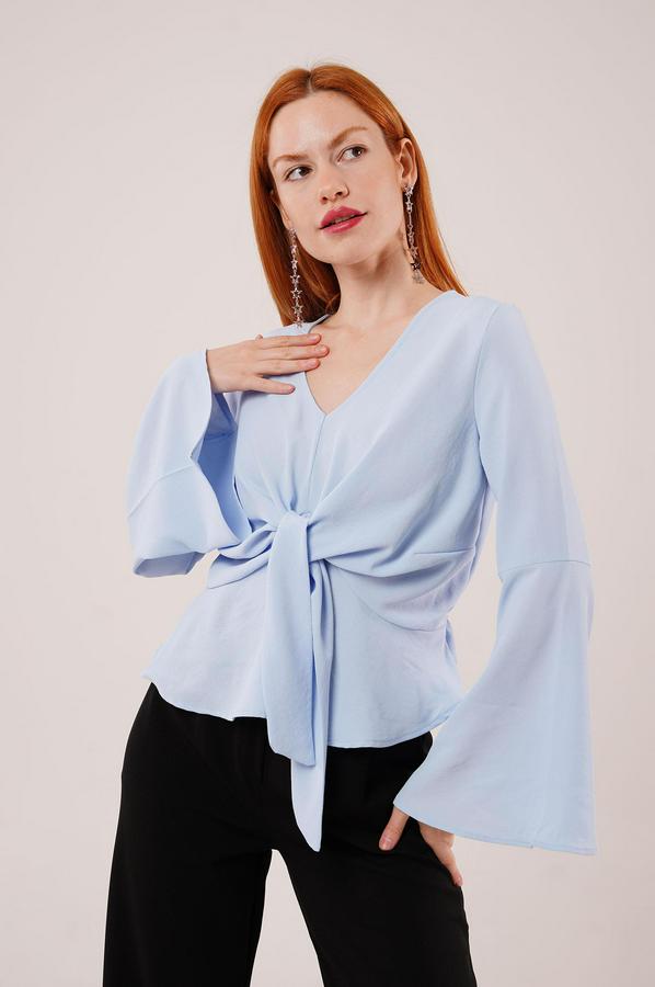 Ön Bağlamalı Volan Kol Bebe Mavisi Bluz