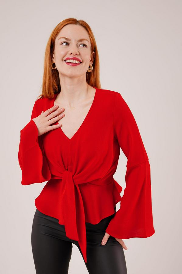 Ön Bağlamalı Volan Kol Kırmızı Bluz