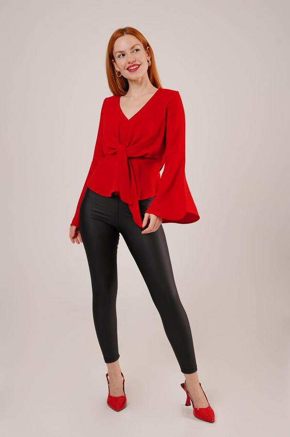 Ön Bağlamalı Volan Kol Kırmızı Bluz