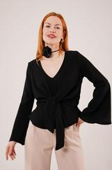 Ön Bağlamalı Volan Kol Siyah Bluz