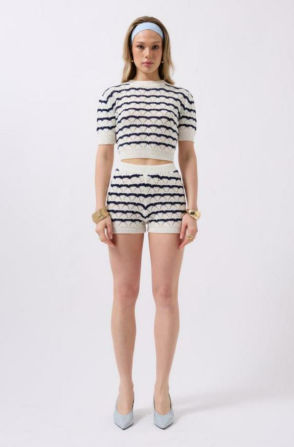 Örgü Detay Çizgili Crop Bluz