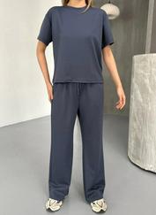 Osy Modal Yumuşak Dokulu Kumaş Kısa Kollu Bluz Rahat Pantalon Ikili Takım- Füme