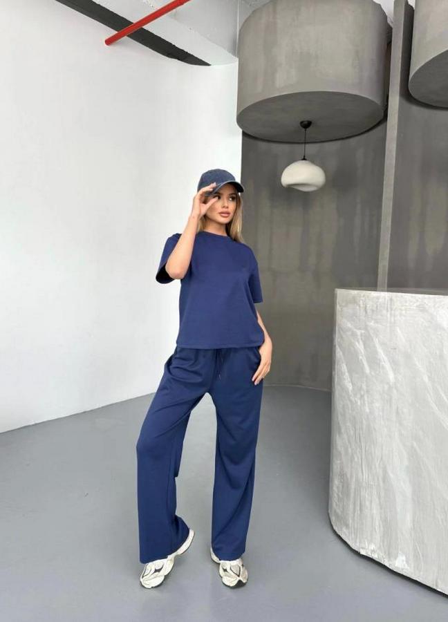 Osy Modal Yumuşak Dokulu Kumaş Kısa Kollu Bluz Rahat Pantalon Ikili Takım- Lacivert