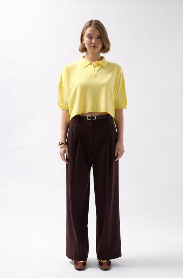 Polo Yaka Crop Dokulu Bluz