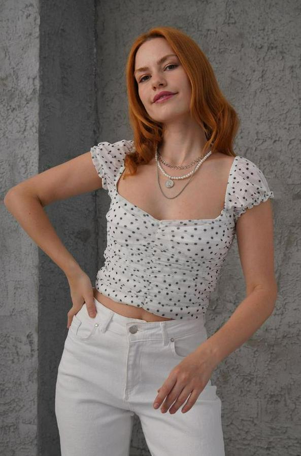 Puantiyeli Belden Oturtmalı Tül Beyaz Bluz