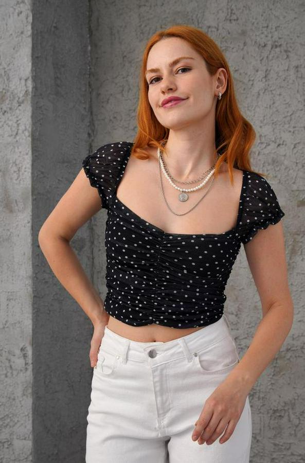 Puantiyeli Belden Oturtmalı Tül Siyah Bluz