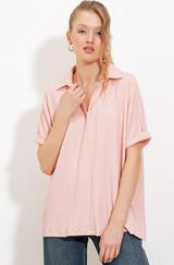Pudra Oversize Polo Yaka Örme Bluz 0486
