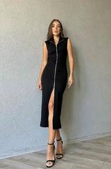 Siyah Boydan Fermuarlı Sıfır Kol Elbise