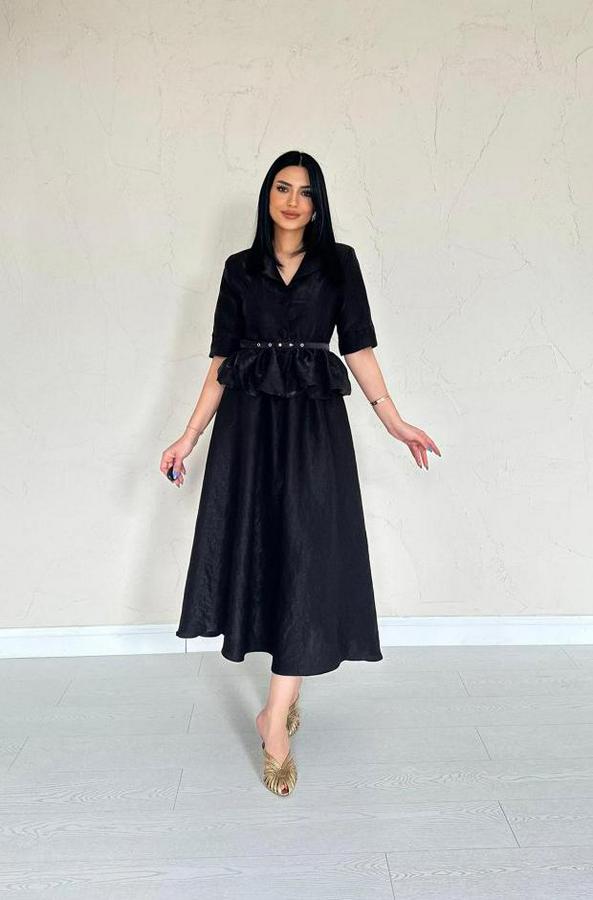 Siyah Ince Kemerli Fırfırlı Ceket Ve Büzgülü Etek Takım