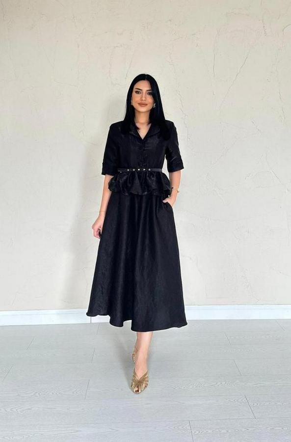 Siyah Ince Kemerli Fırfırlı Ceket Ve Büzgülü Etek Takım