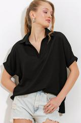 Siyah Oversize Polo Yaka Örme Bluz 0486