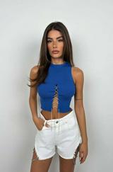 Taş Detay Dekolteli Crop Bluz