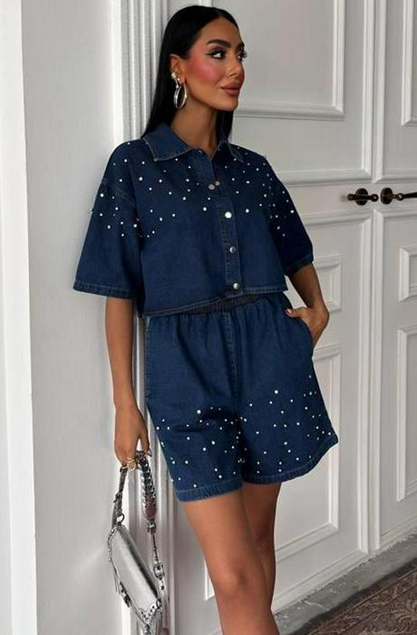 Taş Detaylı Gömlek Şort Denim Takım 10175