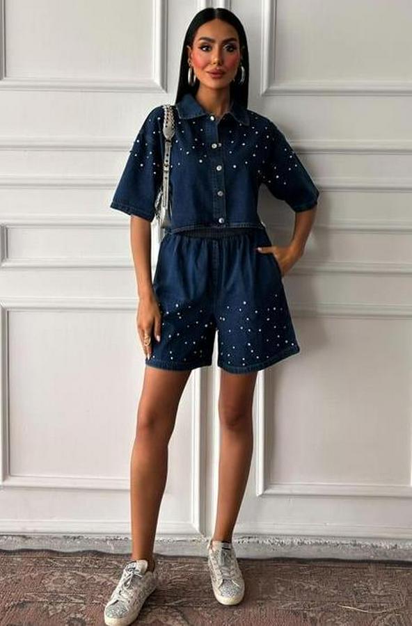 Taş Detaylı Gömlek Şort Denim Takım 10175