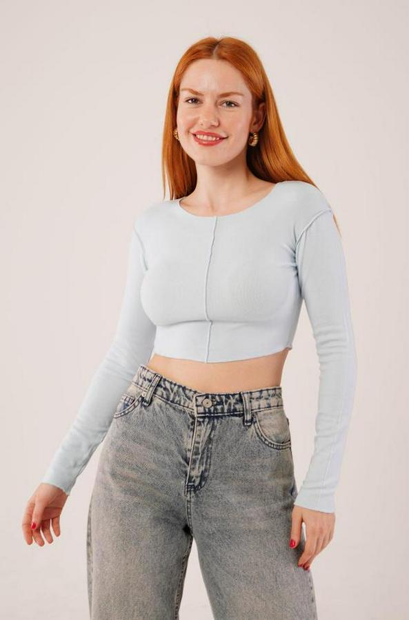 Ters Dikişli Basic Bebe Mavisi Body Bluz