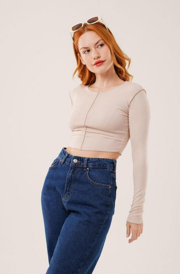 Ters Dikişli Basic Krem Body Bluz