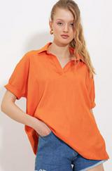 Turuncu Oversize Polo Yaka Örme Bluz 0486
