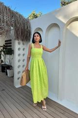 Yağ Yeşili Askılı Aparatlı Brode Elbise