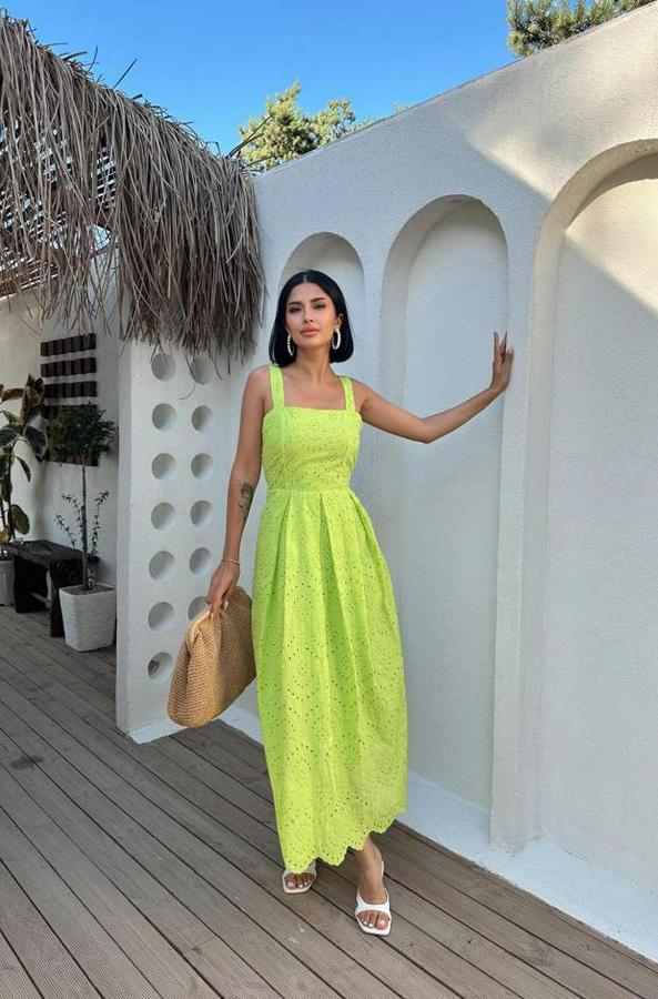 Yağ Yeşili Askılı Aparatlı Brode Elbise