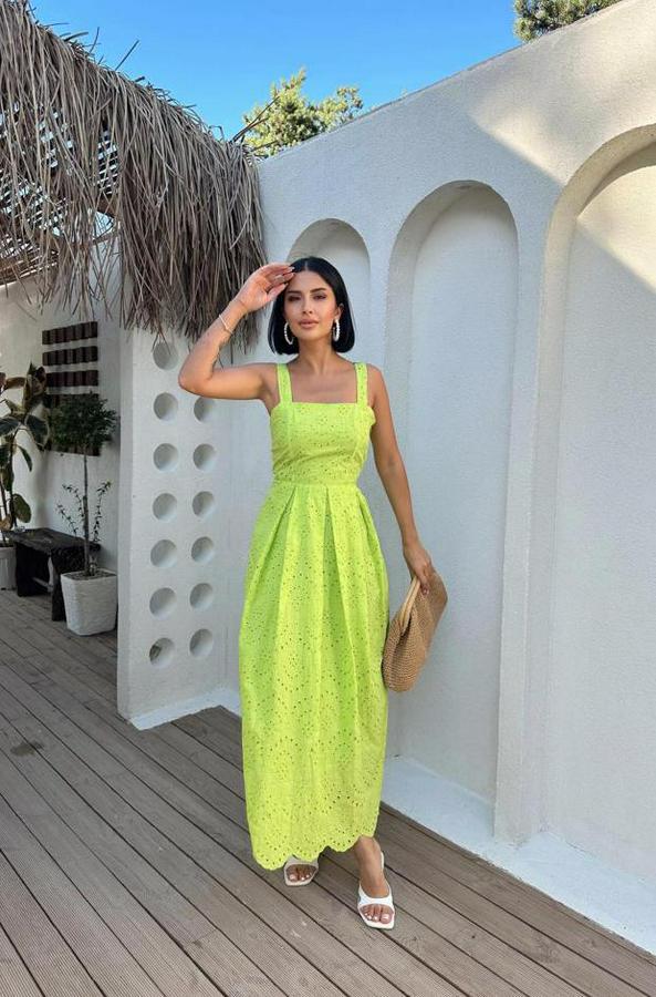 Yağ Yeşili Askılı Aparatlı Brode Elbise