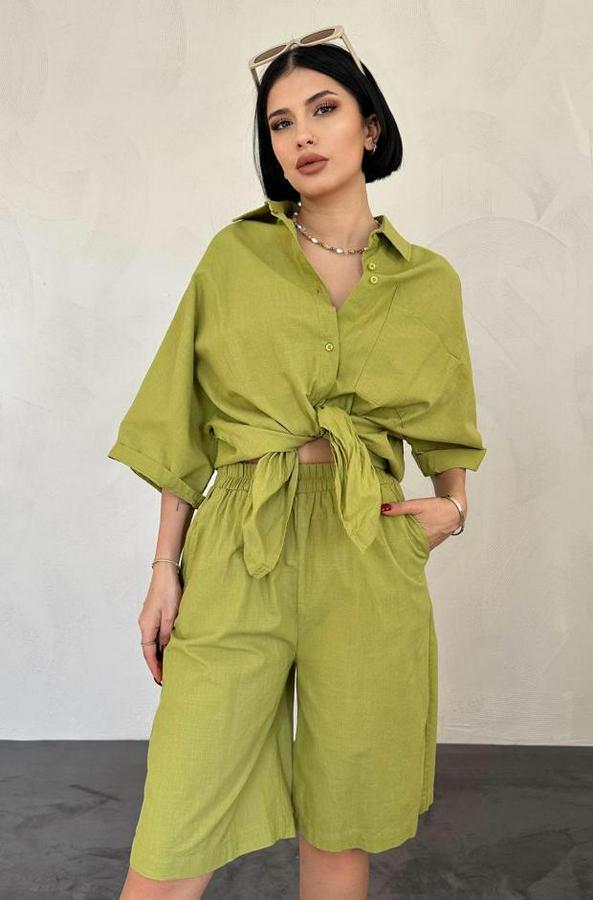 Yağ Yeşili Kısa Kollu Keten Gömlek Ve Şort Takım