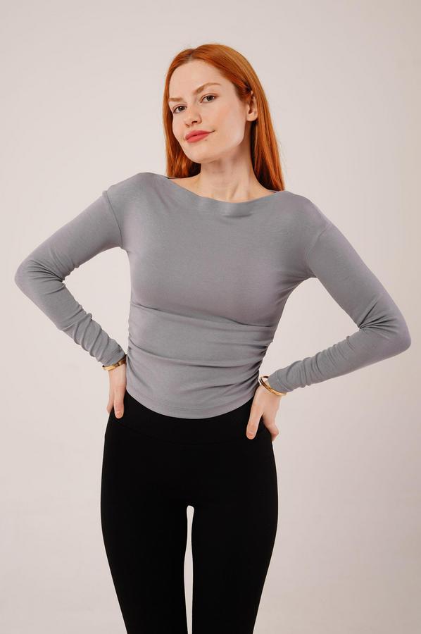 Yaka Detay Uzun Kollu Basic Gri Bluz