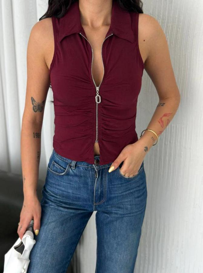 Yakalı Tam Fermuarlı Kolsuz Bluz